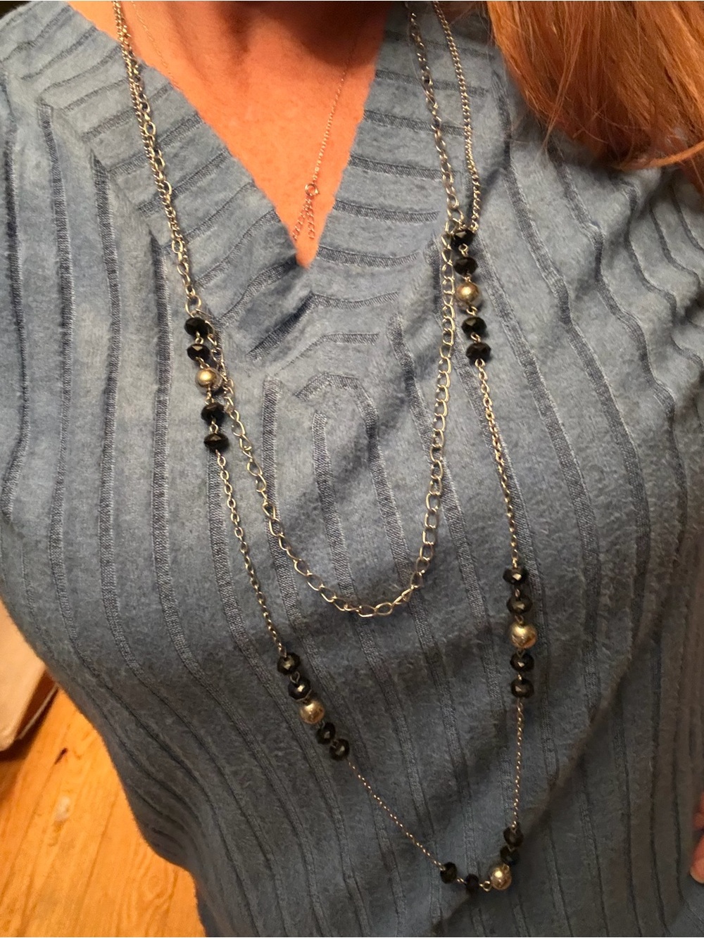 Layered Silver Chain Necklace with Black and Silver Beads